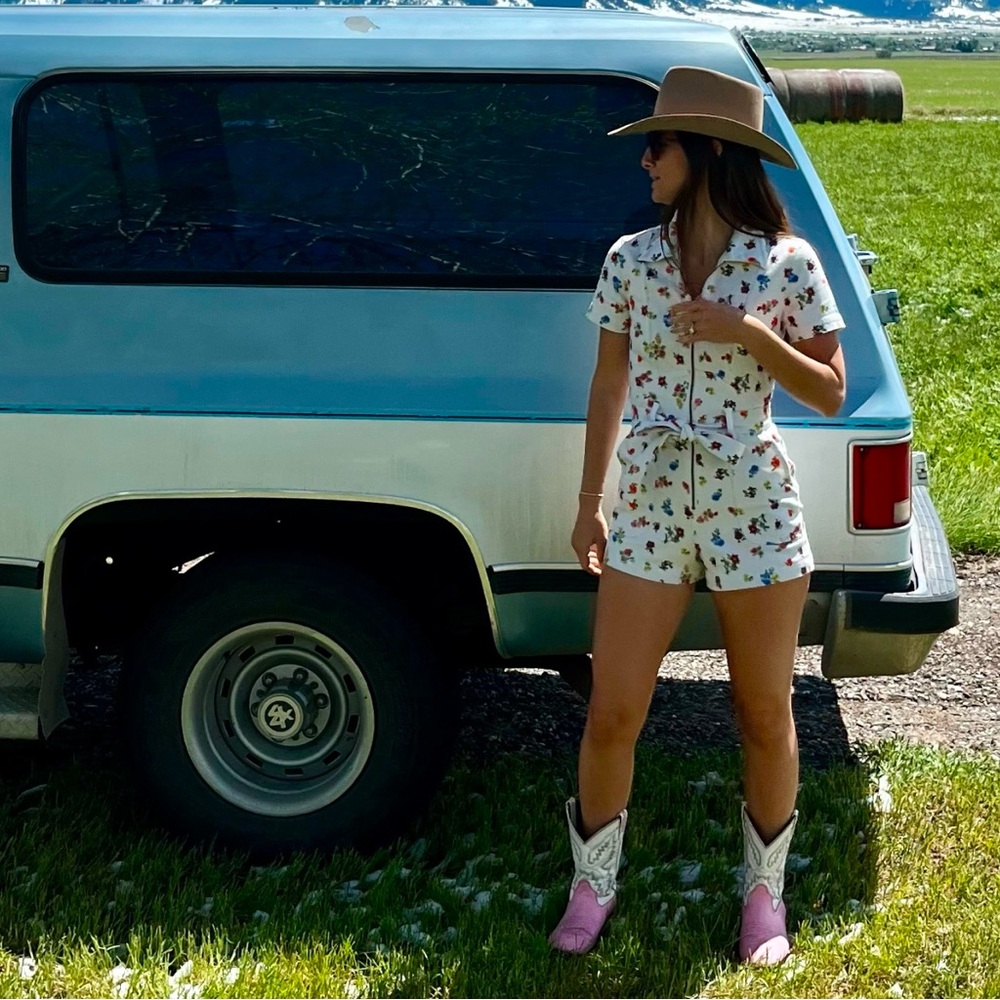 Floral Romper with Pink Cowboy Boots